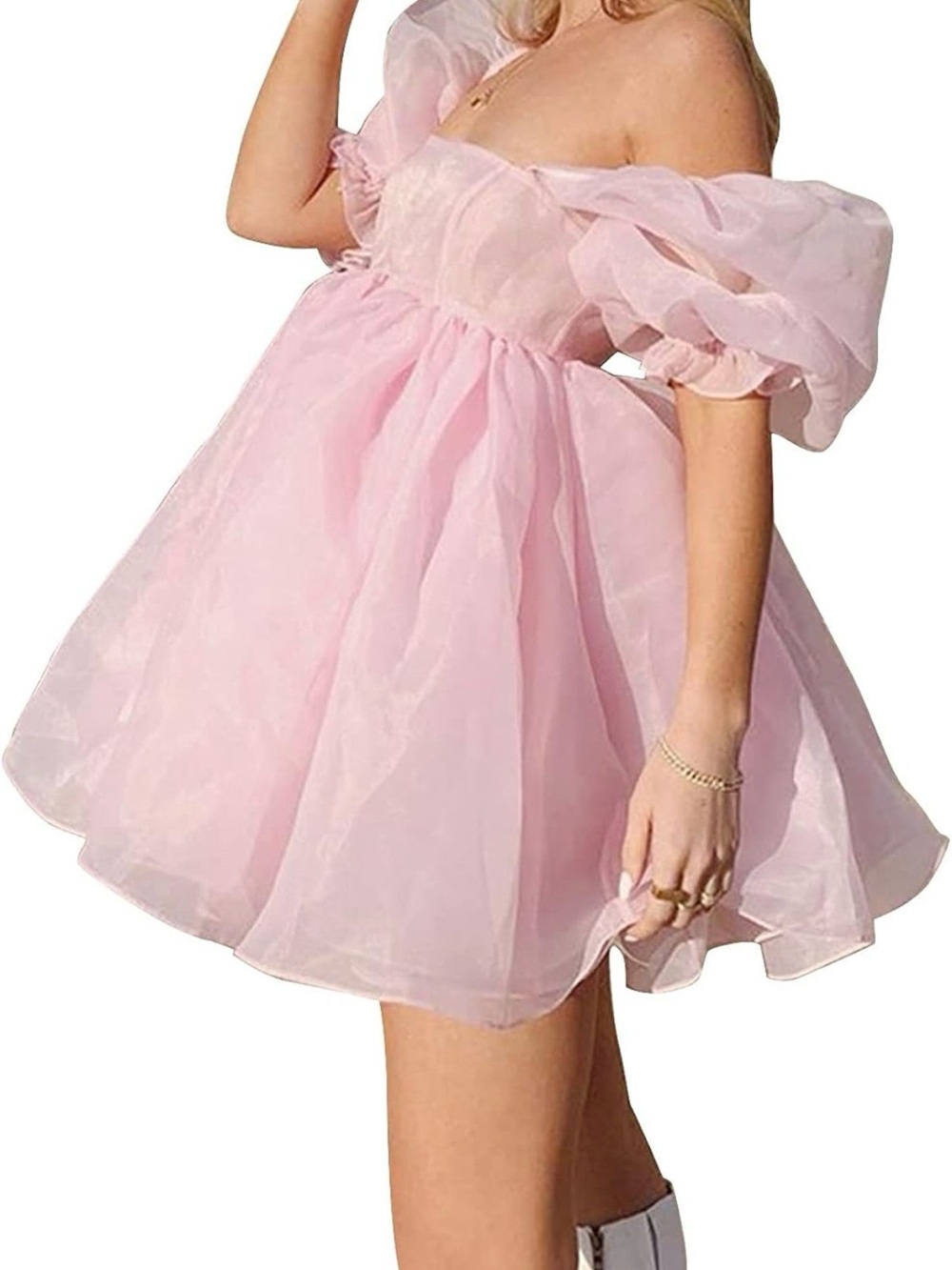 Pink Off-Shoulder Puff Sleeve Mini Dress